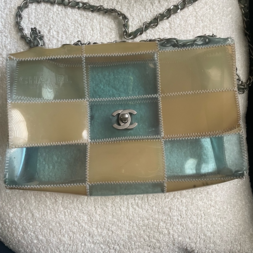 Authentic Vintage Chanel Patchwork PVC Blue/beige Vinyl Flap Bag